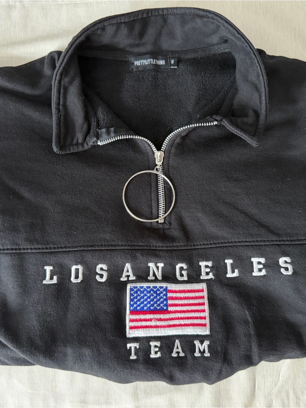 PrettyLittleThing Black Half-Zip 'Los Angeles Team' Sweatshirt with Flag Patch